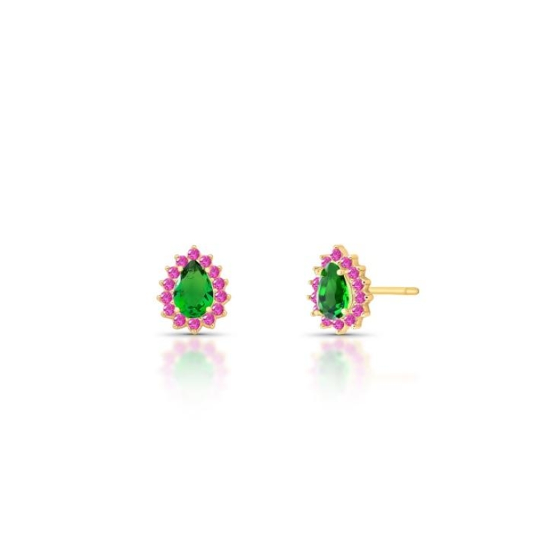 * Brinco Gota Pedra Verde e Zircônias Coloridas