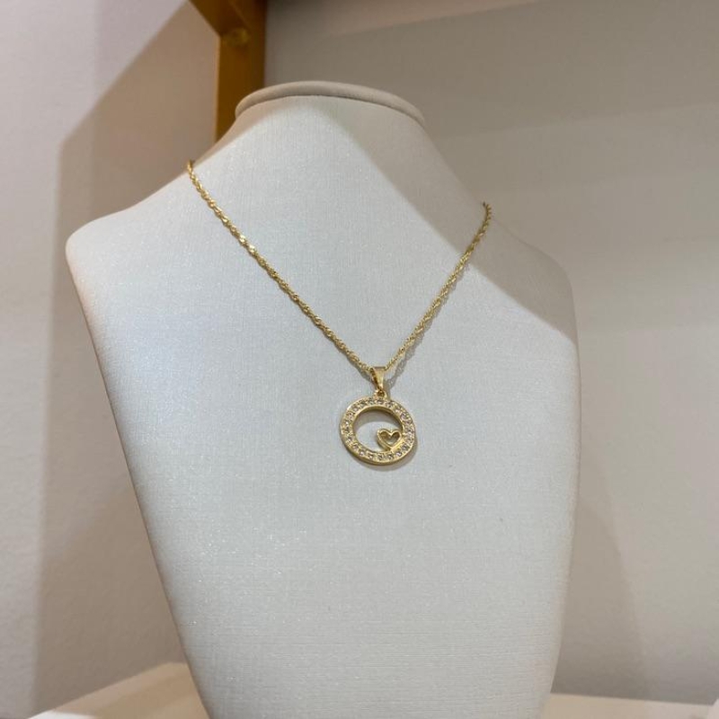 Colar Coração Liso e Med. Cravej. Sing.