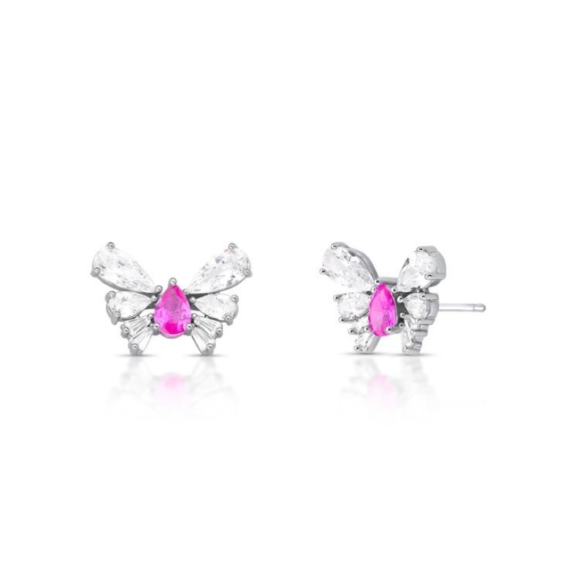 *Brinco Borboleta Pedra Gota Pink