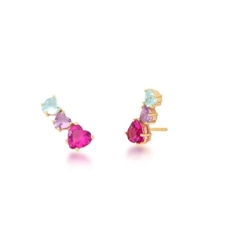 *Brinco Ear Cuff Coração Cristal Colorido