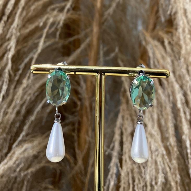 Brinco Pérola e Cristal Verde Água
